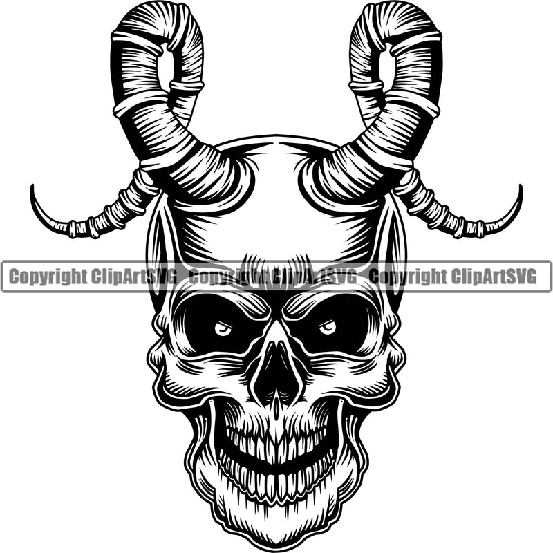 Scary Skull Skeleton Head Evil Horror Tattoo Devil Satan Horns Mouth Closed Black Logo Symbol Clipart SVG
