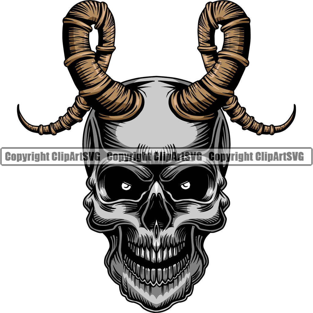 Scary Skull Skeleton Head Evil Horror Tattoo Devil Satan Horns Mouth Closed Color Logo Symbol Clipart SVG