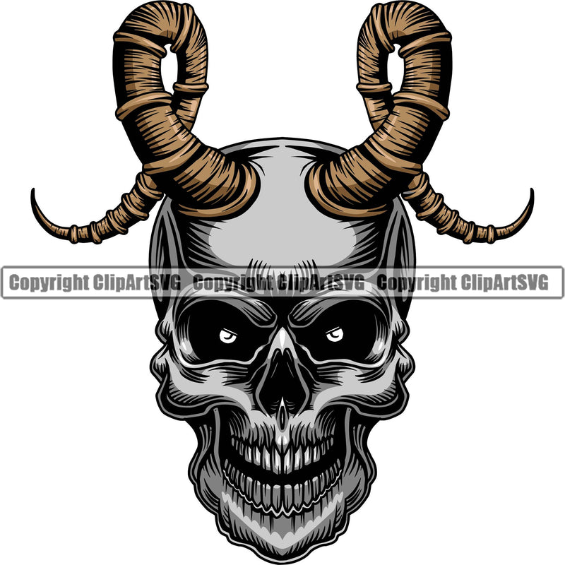 Scary Skull Skeleton Head Evil Horror Tattoo Devil Satan Horns Mouth Closed Color Logo Symbol Clipart SVG
