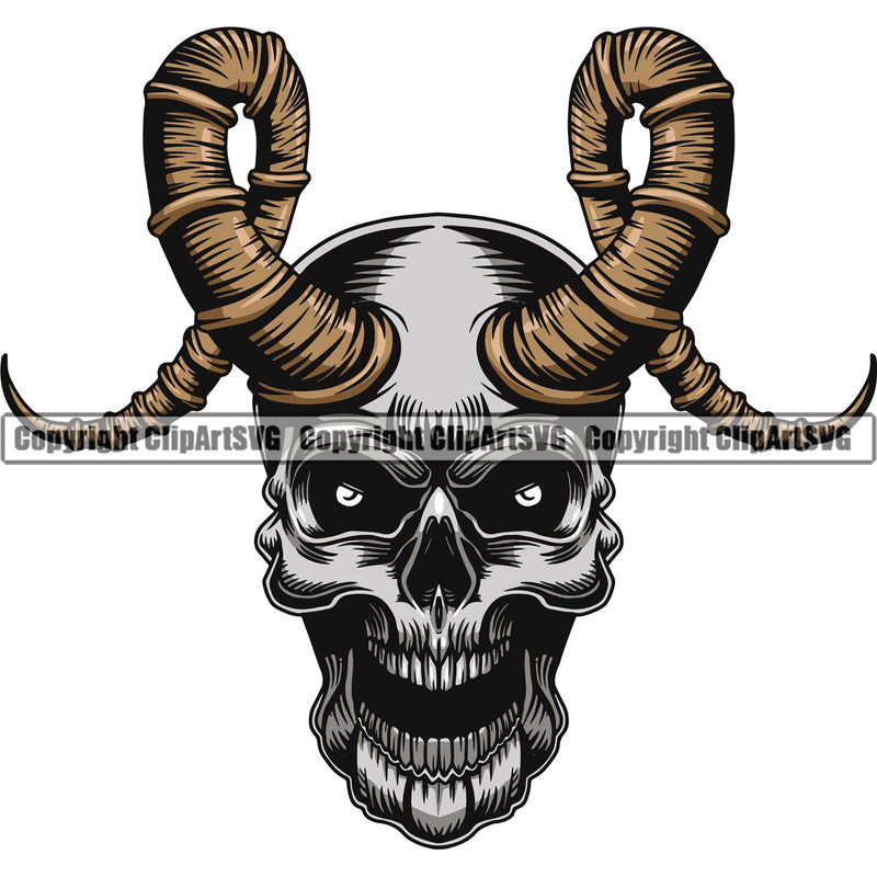 Scary Skull Skeleton Head Evil Horror Tattoo Devil Satan Horns Mouth Open Yelling Screaming Color Logo Symbol Clipart SVG