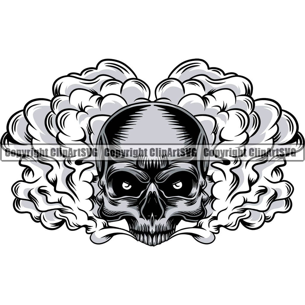 Scary Skull Skeleton Head Evil Horror Smoking Half Head Have Smoke Coming Out Mouth Color Tattoo Logo Symbol Clipart SVG
