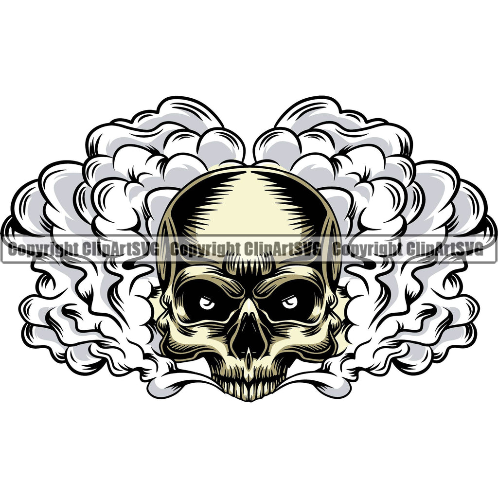 Scary Skull Skeleton Head Evil Horror Tattoo Smoking Half Head Have Smoke Coming Out Mouth Color Logo Symbol Clipart SVG