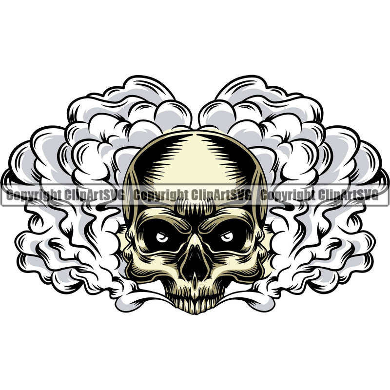 Scary Skull Skeleton Head Evil Horror Tattoo Smoking Half Head Have Smoke Coming Out Mouth Color Logo Symbol Clipart SVG