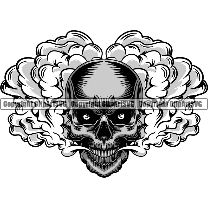 Scary Skull Skeleton Head Evil Horror Smoking Mouth Closed Have Smoke Coming Out Mouth Color Tattoo Logo Symbol Clipart SVG