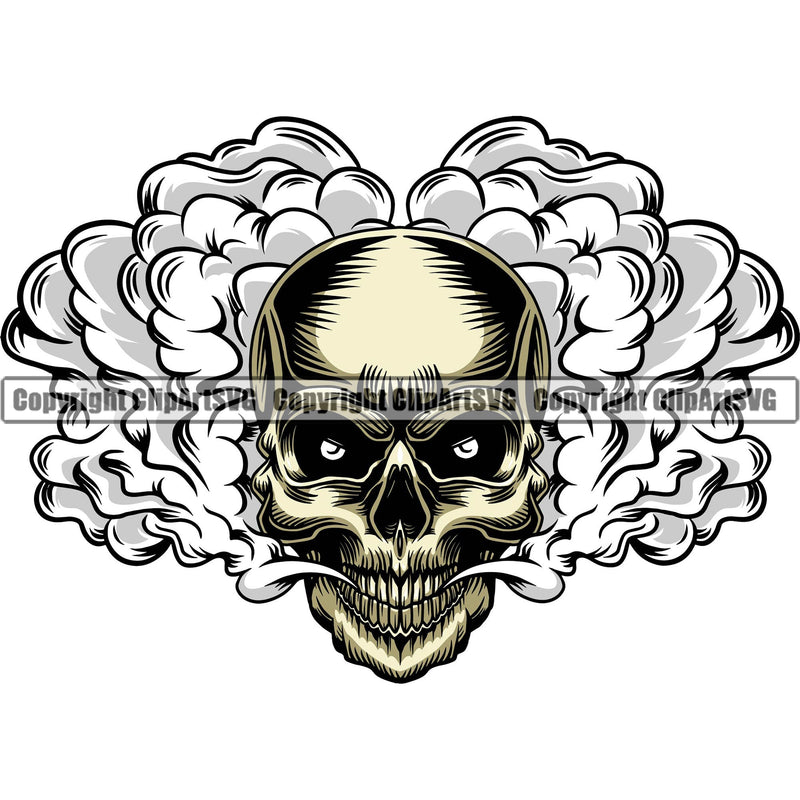 Scary Skull Skeleton Head Evil Horror Tattoo Smoking Mouth Closed Have Smoke Coming Out Mouth Color Logo Symbol Clipart SVG