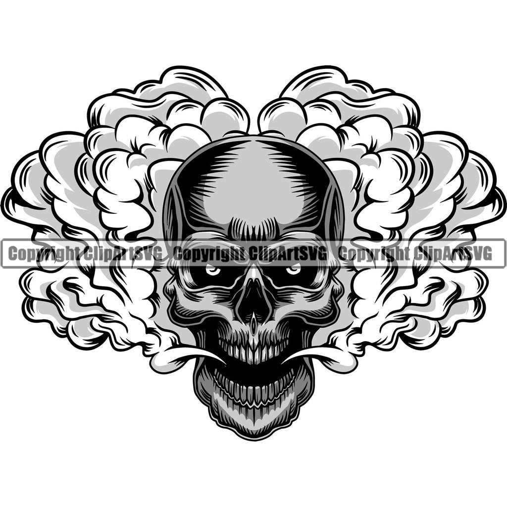 Scary Skull Skeleton Head Evil Horror Tattoo Smoking Mouth Open Yelling Screaming Have Smoke Coming Out Mouth Logo Symbol Color Clipart SVG
