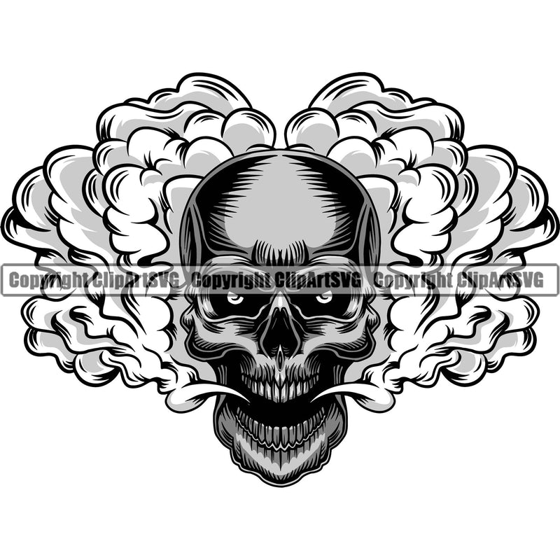 Scary Skull Skeleton Head Evil Horror Tattoo Smoking Mouth Open Yelling Screaming Have Smoke Coming Out Mouth Logo Symbol Color Clipart SVG
