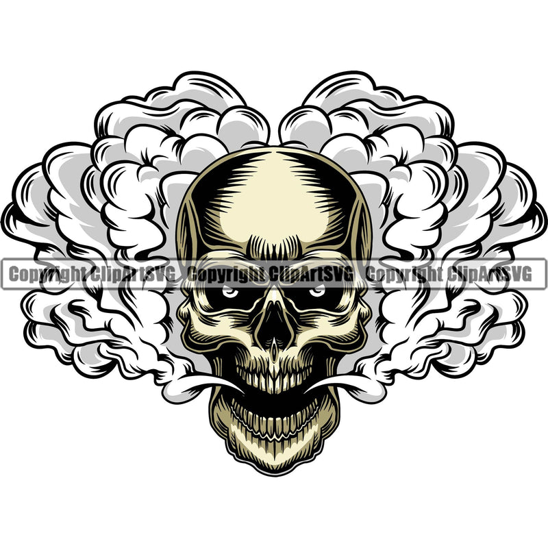 Scary Skull Skeleton Head Evil Horror Tattoo Smoking Mouth Open Yelling Screaming Have Smoke Coming Out Mouth Color Logo Symbol Clipart SVG