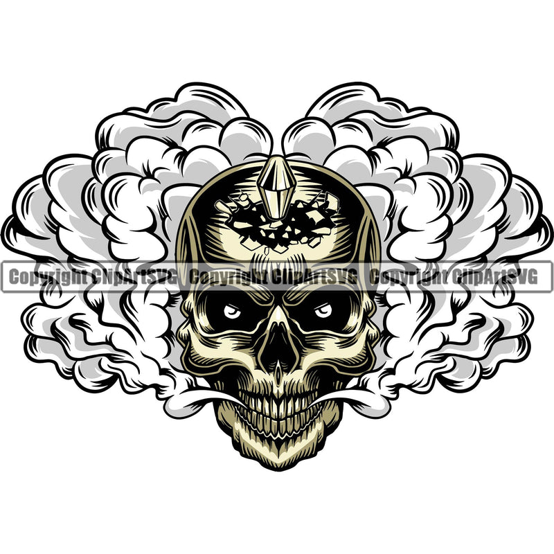Scary Skull Skeleton Head Evil Horror Tattoo Smoking Hole In Head Bullet Hole Smoke Coming Out Mouth Exploding Through Forhead Shot In Head Color Logo Symbol Clipart SVG