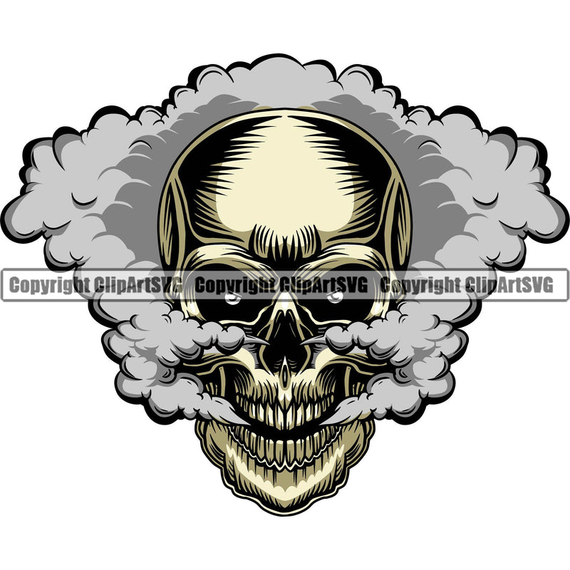 Scary Skull Skeleton Head Evil Horror Tattoo Smoking Smoke Coming Out Nose And Mouth Open Yelling Screaming Color Logo Symbol Clipart SVG