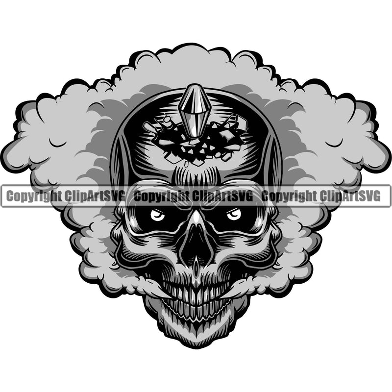Scary Skull Skeleton Head Evil Horror Tattoo Smoking Mouth Closed Have Ghost Smoke Coming Out Nose And Mouth Bullet Hole Exploding Through Forhead Shot In Head Color Logo Symbol Clipart SVG