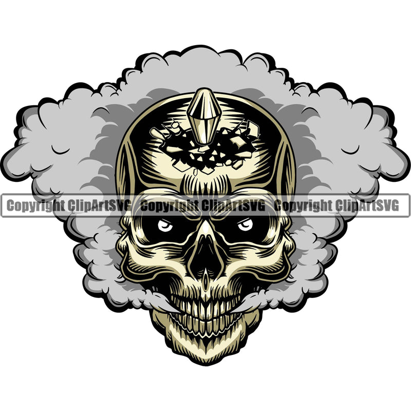 Scary Skull Skeleton Head Evil Horror Tattoo Smoking Mouth Closed Ghost Smoke Coming Out Nose And Mouth Bullet Hole Exploding Through Forhead Shot In Head Color Logo Symbol Clipart SVG