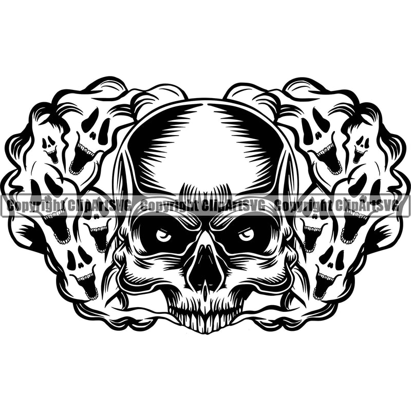 Scary Skull Skeleton Head Evil Horror Tattoo Smoking Half Head Have Ghost Smoke Coming Out Nose And Mouth Black Logo Symbol Clipart SVG