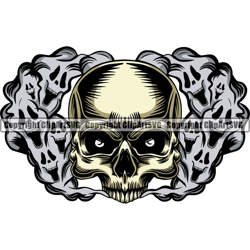 Scary Skull Skeleton Evil Horror Head Tattoo Smoking Half Head Have Ghost Smoke Coming Out Nose And Mouth Color Logo Symbol Clipart SVG