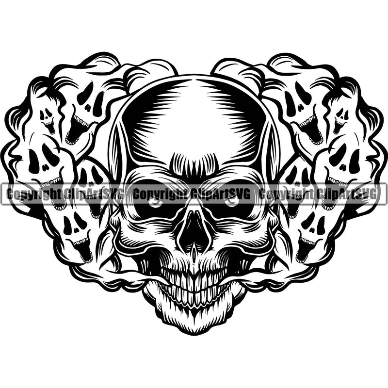 Scary Skull Skeleton Head Evil Horror Tattoo Smoking Mouth Closed Have Ghost Smoke Coming Out Nose And Mouth Black Logo Symbol Clipart SVG