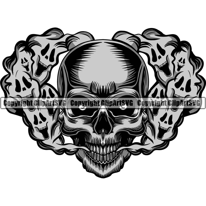 Scary Skull Skeleton Head Evil Horror Tattoo Smoking Mouth Closed Have Ghost Smoke Coming Out Nose And Mouth Color Logo Symbol Clipart SVG