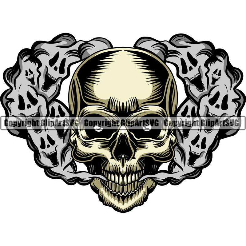 Scary Skull Skeleton Head Horror Evil Tattoo Smoking Mouth Closed Have Ghost Smoke Coming Out Nose And Mouth Color Logo Symbol Clipart SVG