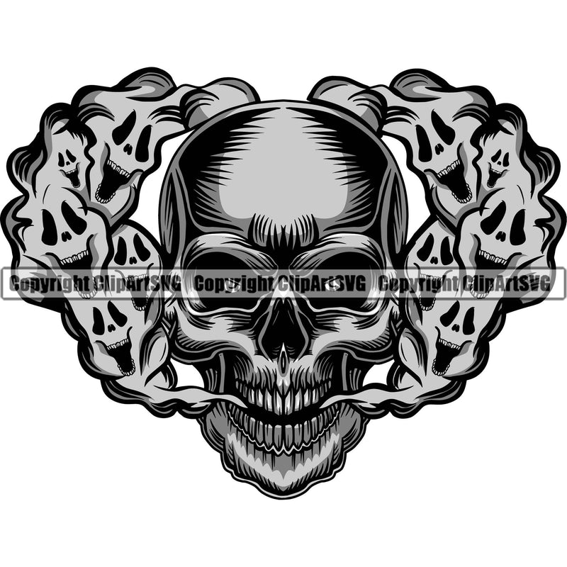Scary Skull Skeleton Head Evil Horror Tattoo Smoking Mouth Closed Color Ghost Smoke Coming Out Nose And Mouth Logo Symbol Clipart SVG