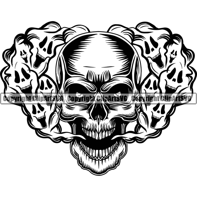 Scary Skull Skeleton Head Evil Horror Tattoo Smoking Mouth Open Yelling Screaming Have Ghost Smoke Coming Out Nose And Mouth Black Logo Symbol Clipart SVG