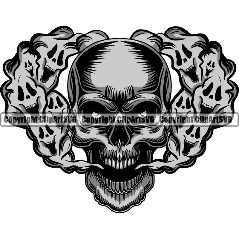 Scary Skull Skeleton Head Evil Horror Tattoo Smoking Mouth Open Yelling Screaming Have Ghost Smoke Coming Out Nose And Mouth Color Logo Symbol Clipart SVG