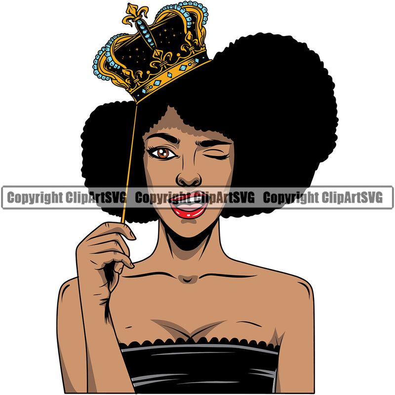 Black Woman African American Female Nubian Queen Lady Cartoon Character Girl Head Face Portrait Cute Hair Afro Big Eyes Lola Sexy Holding Crown On Stick Fashion Art Silhouette Design Logo Clipart SVG