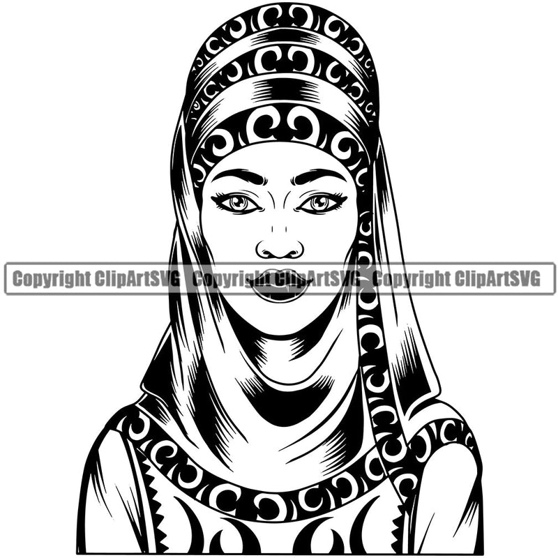 Black Woman African American Female Nubian Queen Lady Cartoon Character Girl Head Face Portrait Model Hair Afro Braid Dress Turban Jewelry Art Silhouette Design Logo Clipart SVG
