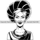 Black Woman African American Female Nubian Queen Lady Cartoon Character Girl Head Face Portrait Model Afro Hair Braid Turban Dress Jewelry Art Silhouette Design Logo Clipart SVG