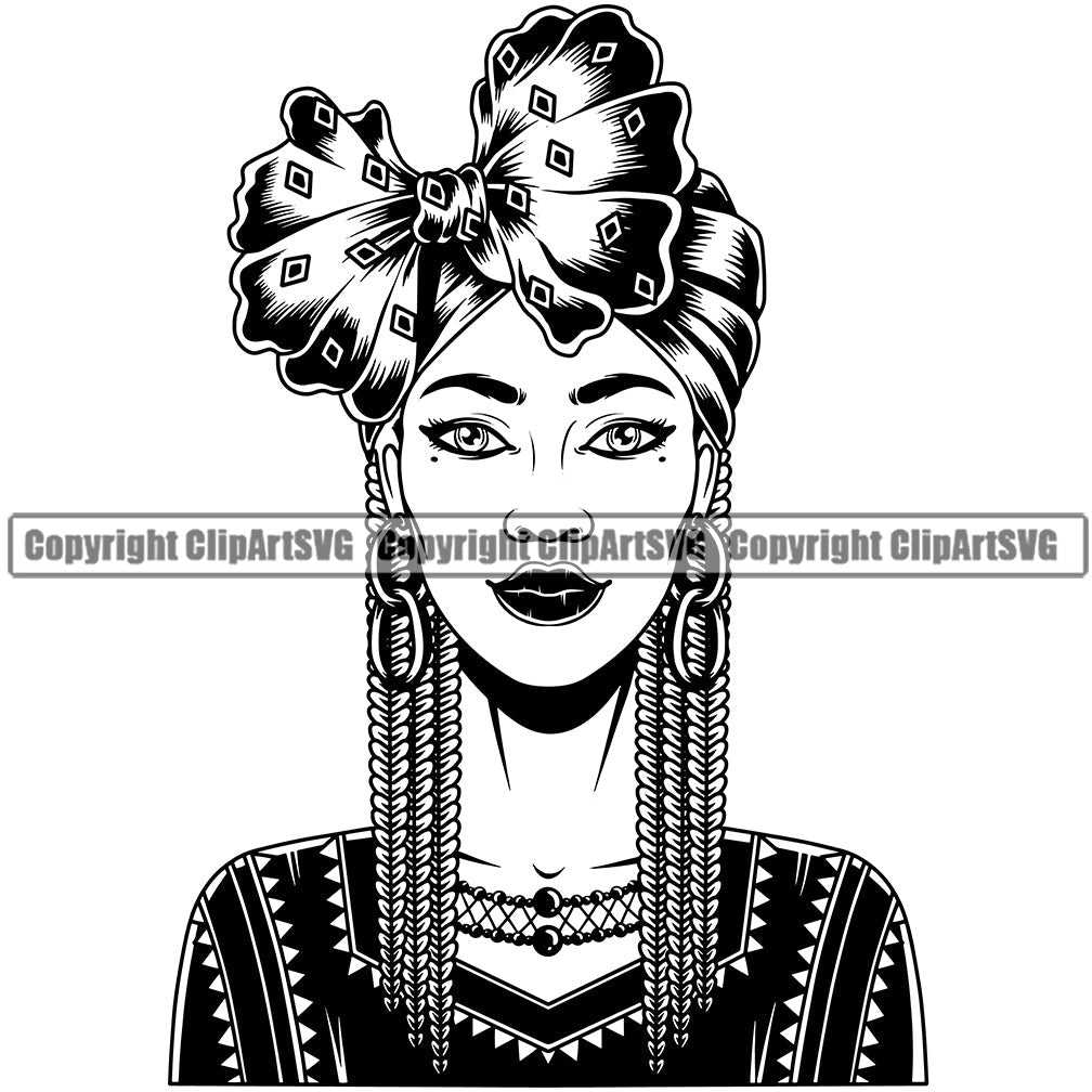 Black Woman African American Female Queen Nubian Lady Cartoon Character Girl Head Face Portrait Model Hair Afro Braid Turban Dress Jewelry Art Silhouette Design Logo Clipart SVG