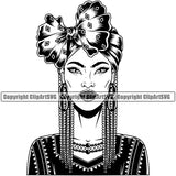 Black Woman African American Female Nubian Queen Lady Cartoon Character Girl Head Face Model Portrait Hair Afro Braid Turban Dress Jewelry Silhouette Art Design Logo Clipart SVG