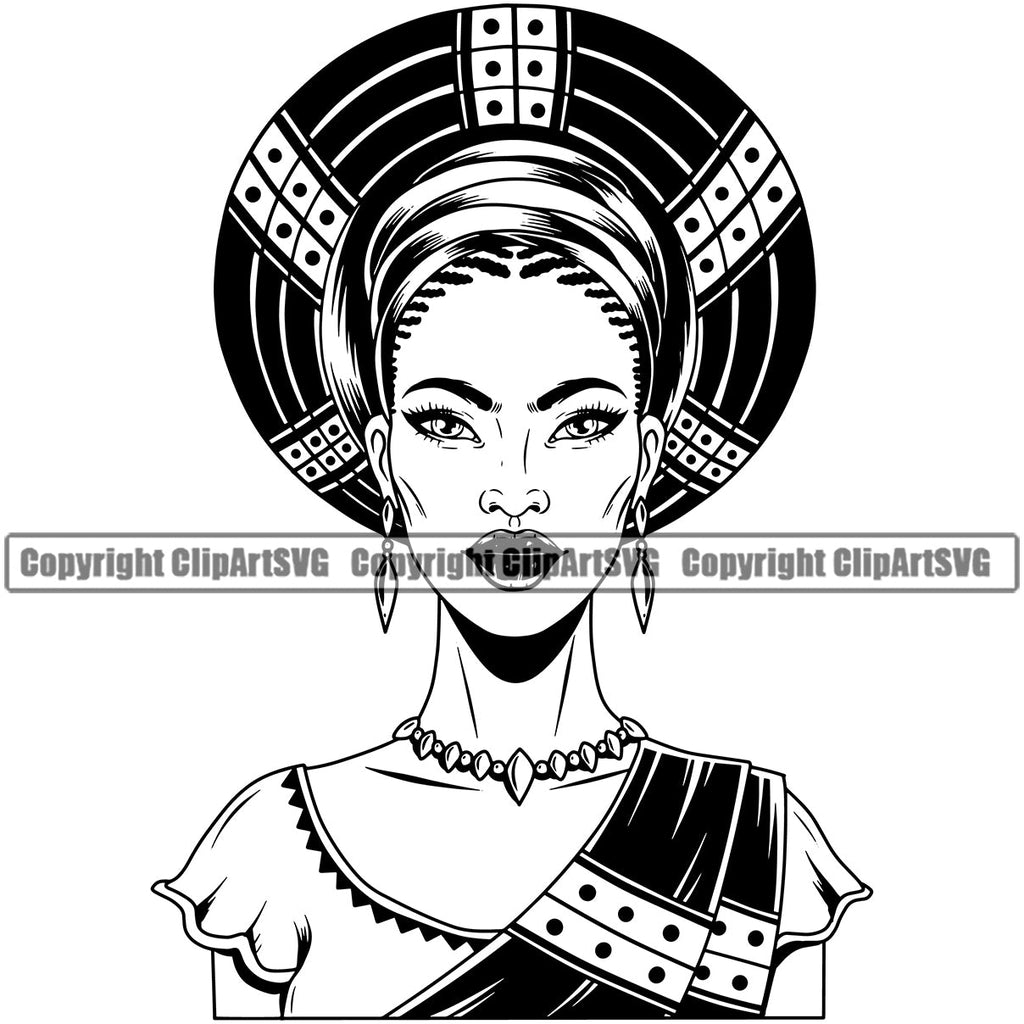 Black Woman American African Female Nubian Queen Lady Cartoon Character Girl Head Face Portrait Model Hair Afro Braid Turban Dress Jewelry Silhouette Art Design Logo Clipart SVG