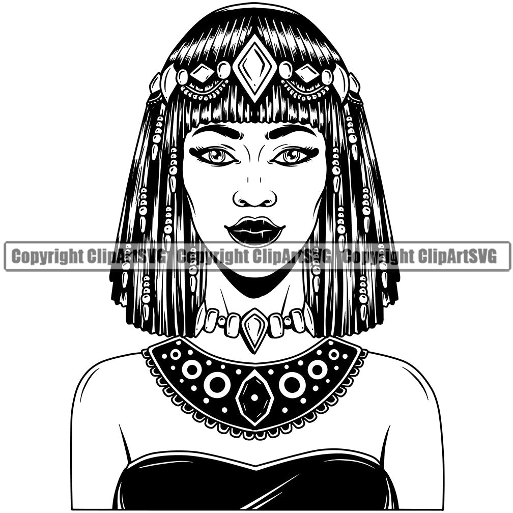 Black Woman African American Female Nubian Queen Lady Cartoon Character Girl Head Face Portrait Model Hair Afro Braid Dress Turban Jewelry Silhouette Art Design Logo Clipart SVG