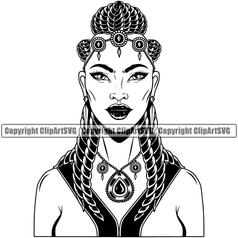 Black Woman African American Female Nubian Queen Lady Cartoon Character Girl Head Face Model Portrait Hair Afro Dress Braid Turban Jewelry Silhouette Art Design Logo Clipart SVG