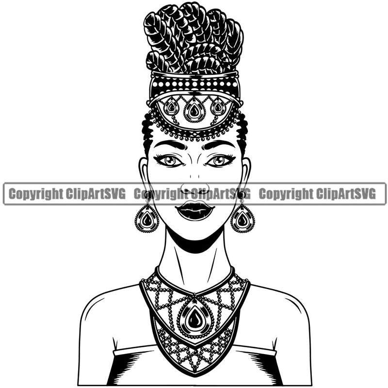 Black Woman African American Female Nubian Lady Queen Cartoon Character Girl Head Face Portrait Model Hair Afro Braid Turban Dress Jewelry Art Silhouette Design Logo Clipart SVG