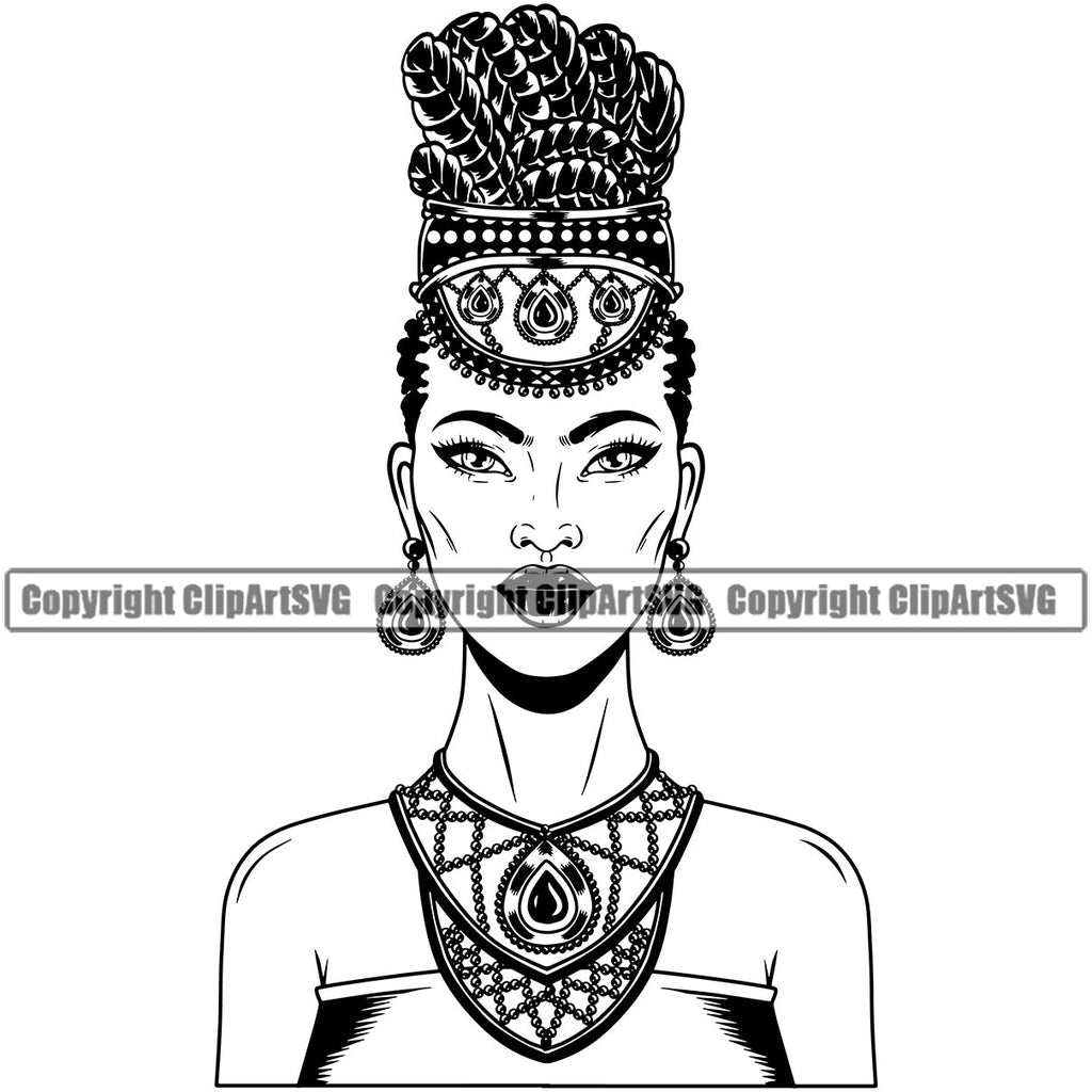 Black Woman African American Female Nubian Queen Lady Cartoon Character Girl Head Face Portrait Model Hair Braid Afro Turban Dress Jewelry Art Silhouette Design Logo Clipart SVG