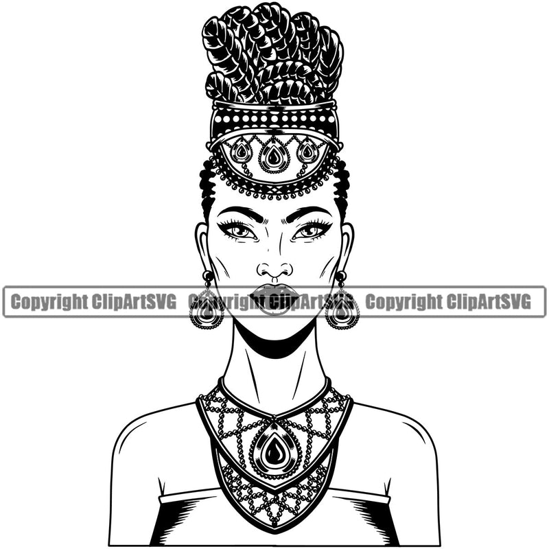 Black Woman African American Female Nubian Queen Lady Cartoon Character Girl Head Face Portrait Model Hair Braid Afro Turban Dress Jewelry Art Silhouette Design Logo Clipart SVG