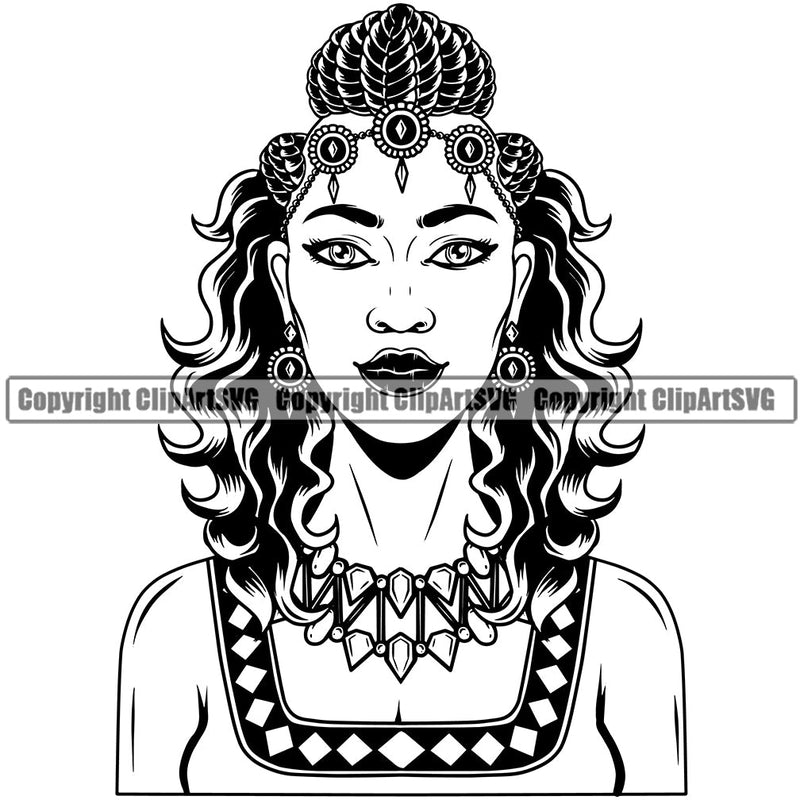 Black Woman African American Nubian Female Queen Lady Cartoon Character Girl Head Face Portrait Model Hair Afro Braid Turban Dress Jewelry Art Silhouette Design Logo Clipart SVG