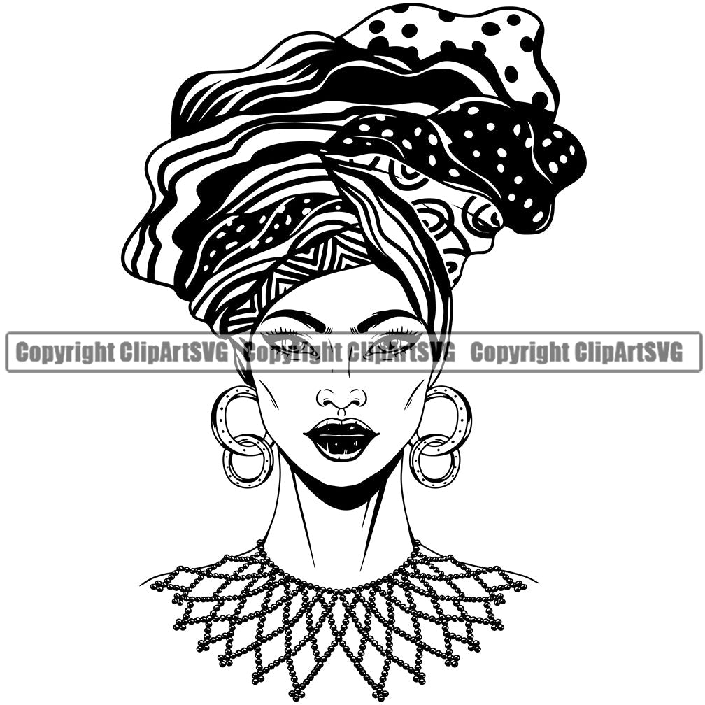 Black Woman African American Nubian Female Queen Lady Cartoon Character Girl Head Face Portrait Model Hair Afro Braid Turban Dress Jewelry Art Silhouette Logo Design Clipart SVG