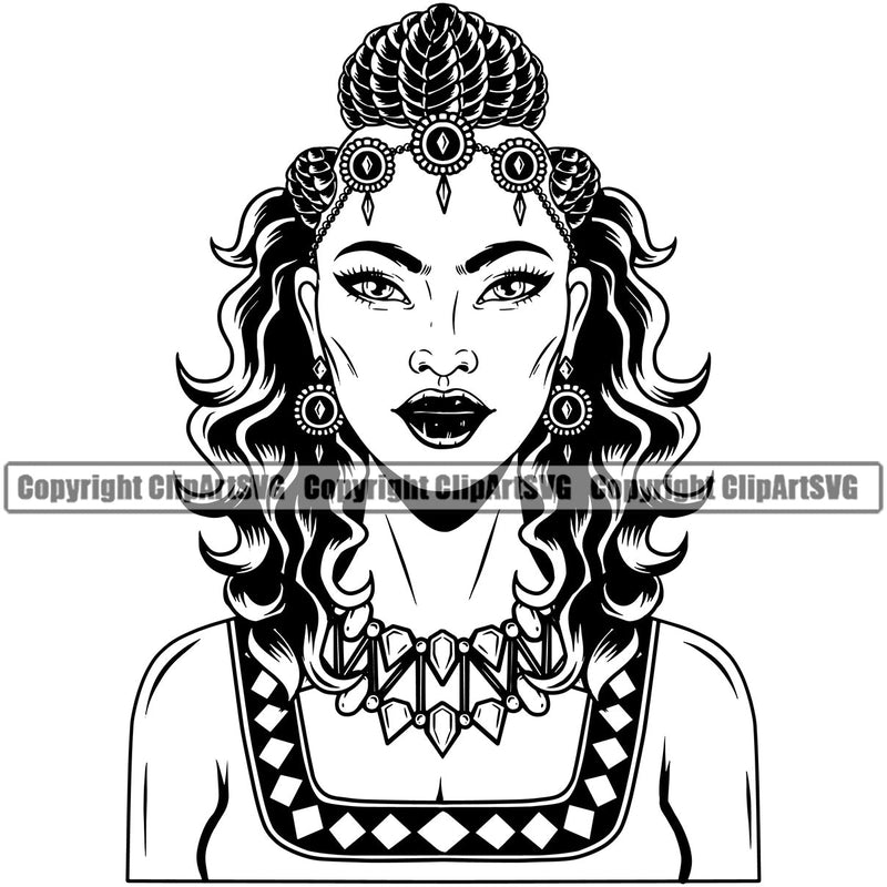 Black Woman African American Female Nubian Lady Queen Cartoon Character Girl Head Face Model Portrait Hair Afro Braid Turban Dress Jewelry Silhouette Art Design Logo Clipart SVG