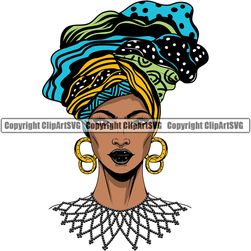 Black Woman African American Queen Female Nubian Lady Cartoon Character Girl Head Face Portrait Hair Model Afro Braid Turban Dress Jewelry Art Color Design Logo Clipart SVG