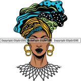 Black Woman African American Queen Female Nubian Lady Cartoon Character Girl Head Face Portrait Hair Model Afro Braid Turban Dress Jewelry Art Color Design Logo Clipart SVG