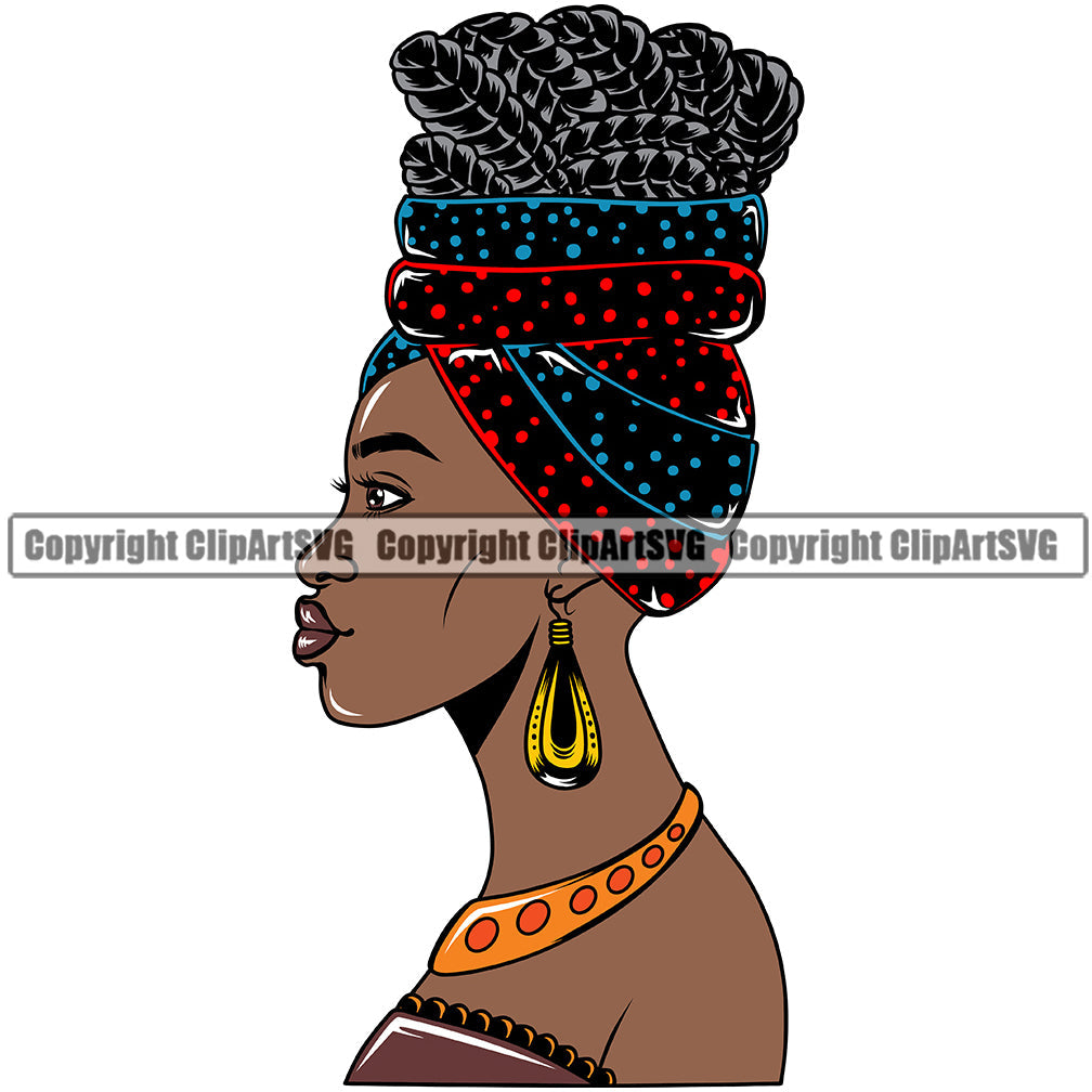 Black Woman African American Female Nubian Queen Lady Cartoon Character Girl Head Face Portrait Morden Model Hair Afro Braid Turban Dress Jewelry Color Art Design Logo Clipart SVG