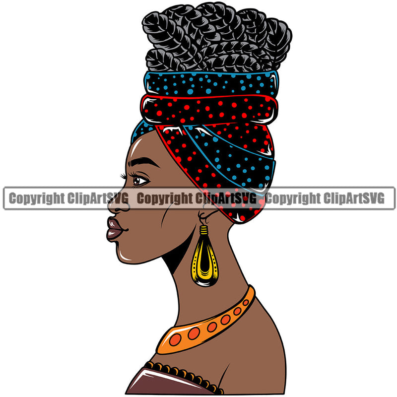 Black Woman African American Female Nubian Queen Lady Cartoon Character Girl Head Face Portrait Morden Model Hair Afro Braid Turban Dress Jewelry Color Art Design Logo Clipart SVG