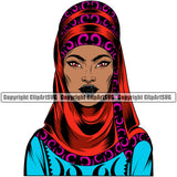Black Woman African American Female Nubian Queen Lady Cartoon Character Girl Head Face Portrait Model Hair Afro Turban Braid Dress Jewelry Art Design Color Logo Clipart SVG