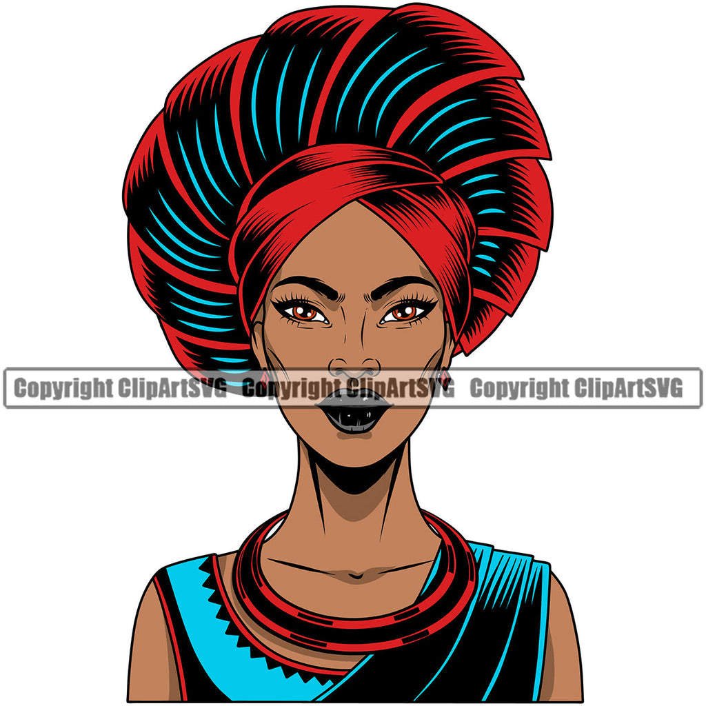 Black Woman African American Female Queen Nubian Lady Cartoon Character Girl Head Face Portrait Model Hair Afro Braid Turban Dress Jewelry Color Art Design Logo Clipart SVG