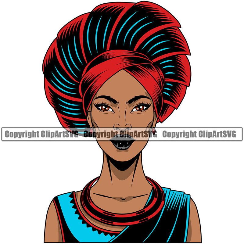 Black Woman African American Female Queen Nubian Lady Cartoon Character Girl Head Face Portrait Model Hair Afro Braid Turban Dress Jewelry Color Art Design Logo Clipart SVG