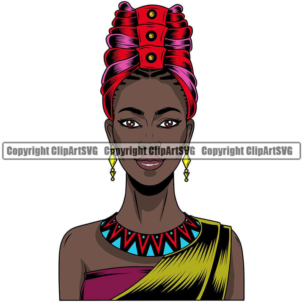 Black Woman African American Nubian Female Queen Lady Cartoon Character Girl Head Portrait Face Model Hair Afro Braid Turban Dress Jewelry Color Art Design Logo Clipart SVG