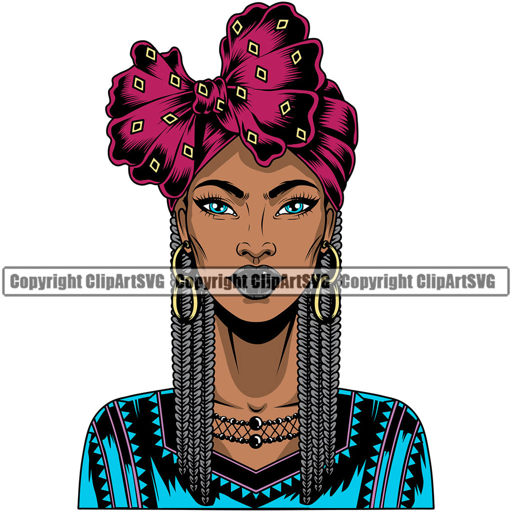 Black Woman African American Female Nubian Queen Lady Cartoon Character Girl Head Portrait Model Hair Afro Braid Turban Dress Jewelry Art Color Design Logo Clipart SVG