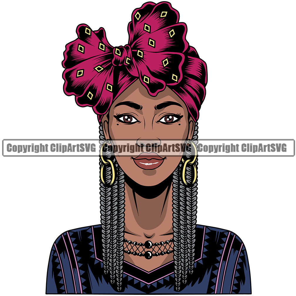 Black Woman African American Female Nubian Queen Lady Cartoon Character Girl Face Head Portrait Model Hair Afro Braid Turban Dress Jewelry Art Color Design Logo Clipart SVG