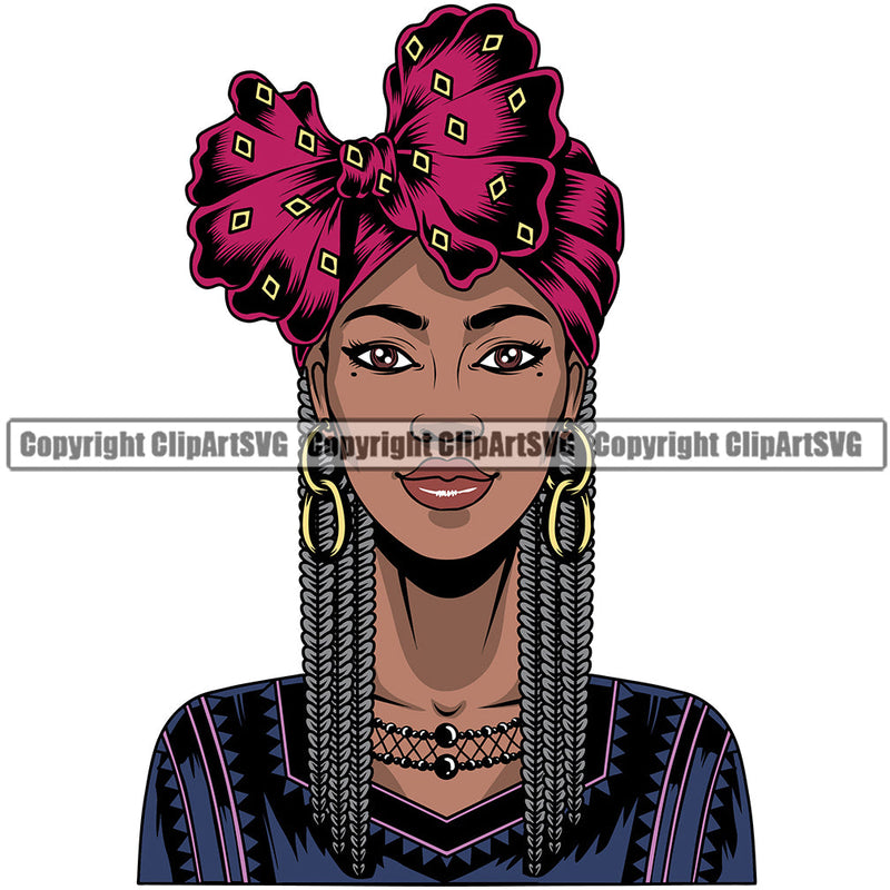 Black Woman African American Female Nubian Queen Lady Cartoon Character Girl Face Head Portrait Model Hair Afro Braid Turban Dress Jewelry Art Color Design Logo Clipart SVG