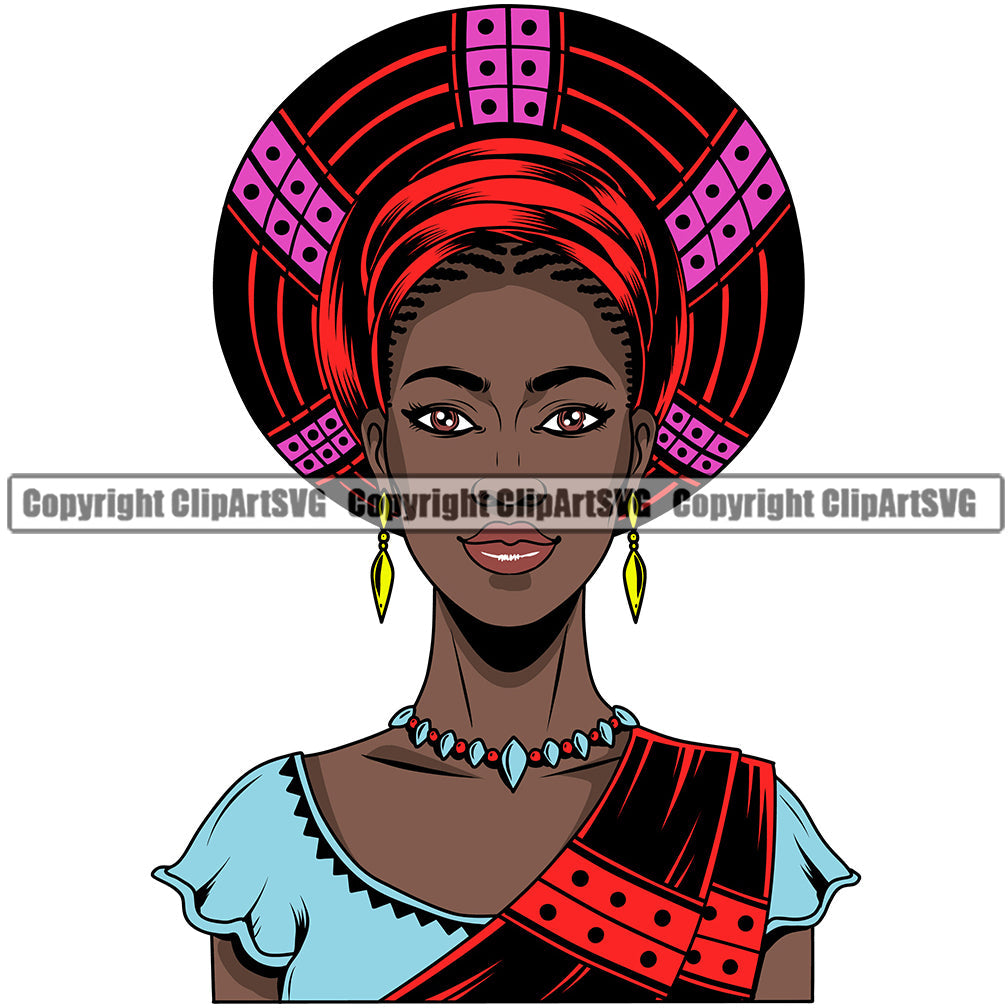 Black Woman African American Female Nubian Queen Lady Cartoon Character Girl Head Face Portrait Hat Cap Hair Afro Braid Turban Dress Jewelry Art Color Design Logo Clipart SVG